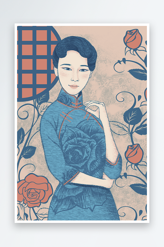 民国风旗袍美女插画素材-众图网