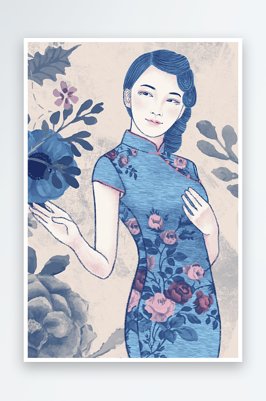 民国风旗袍美女插画素材-众图网