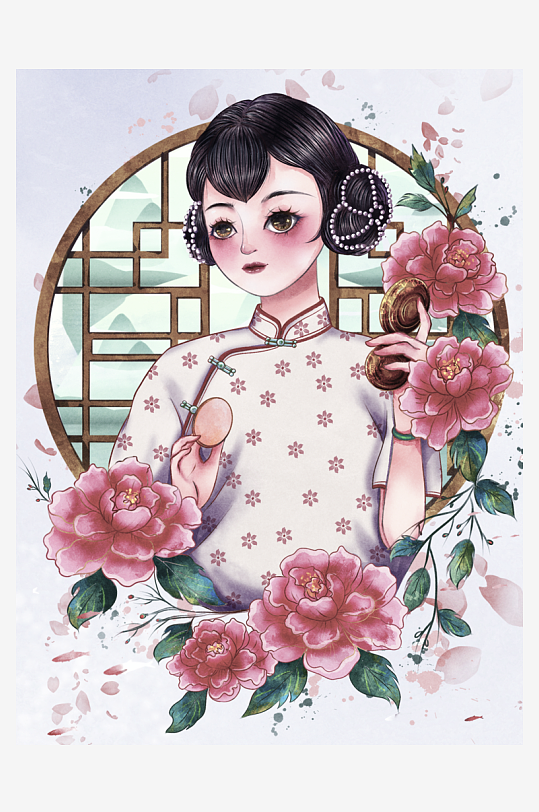 民国风旗袍美女插画素材-众图网