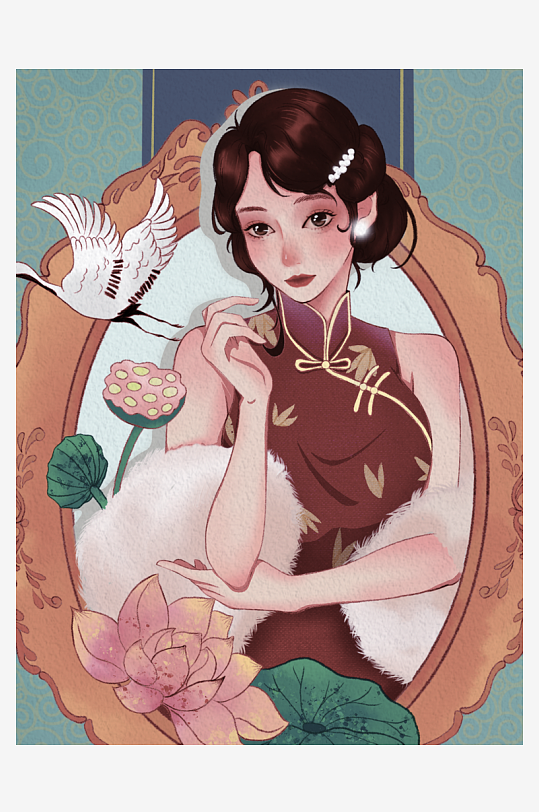 民国风旗袍美女插画素材-众图网