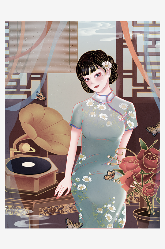 民国风旗袍美女插画素材-众图网