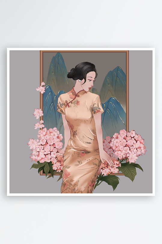 民国风旗袍美女插画素材-众图网