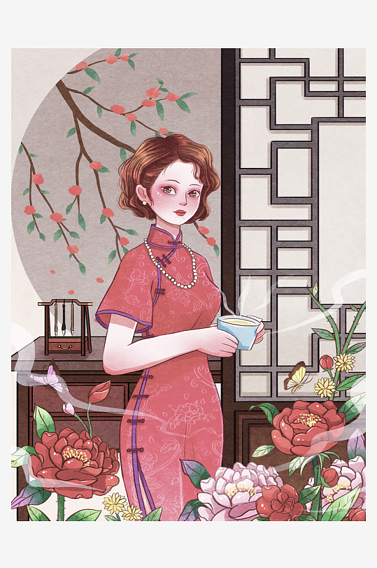 民国风旗袍美女插画素材-众图网