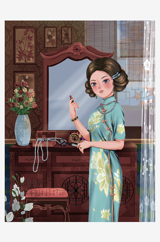 民国风旗袍美女插画素材-众图网