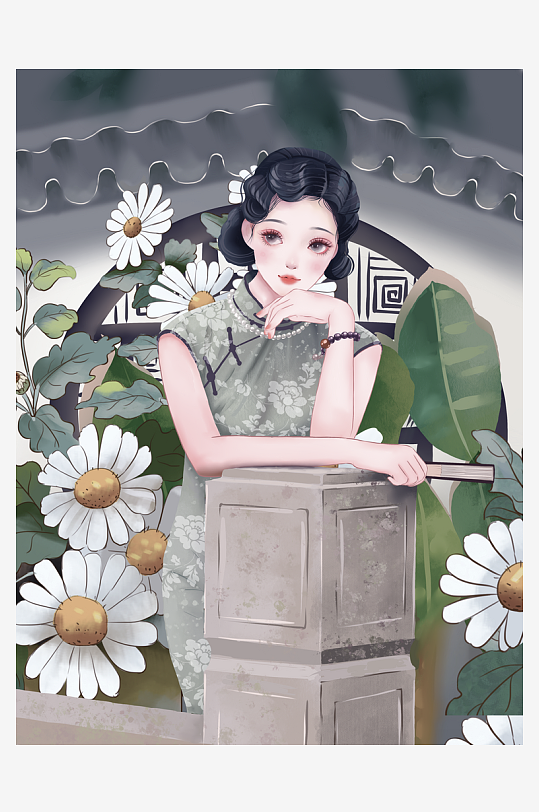 民国风旗袍美女插画-众图网