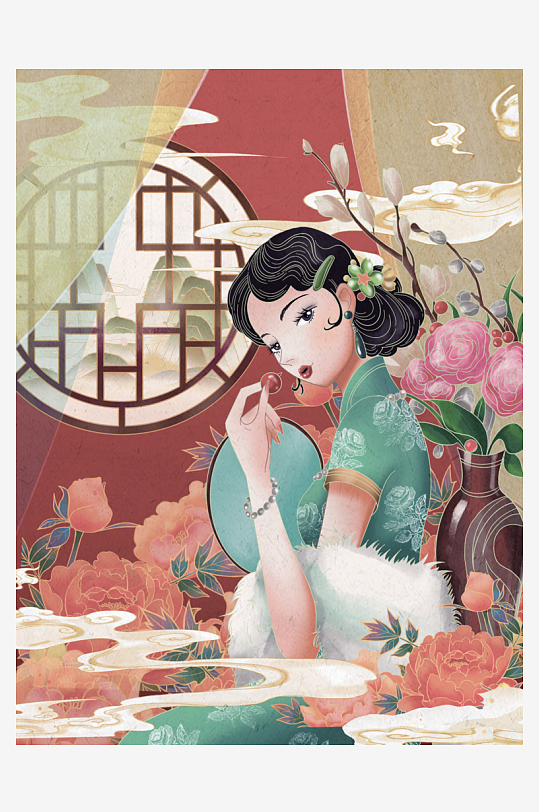 民国风旗袍美女插画-众图网