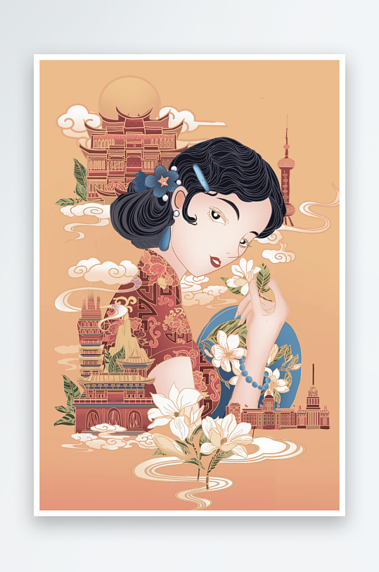 民国风旗袍美女插画-众图网