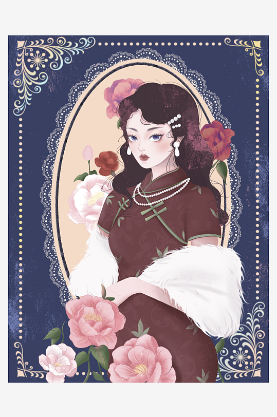 民国风旗袍美女插画-众图网