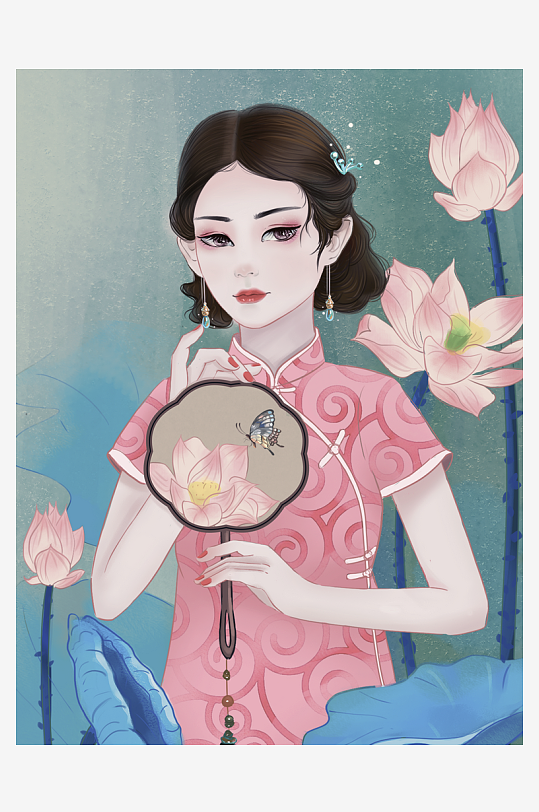 民国风旗袍美女插画素材-众图网