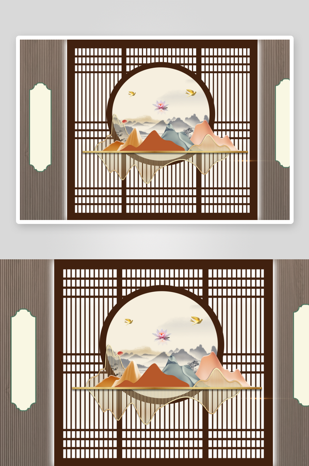 新中式屏风山水装饰背景墙素材