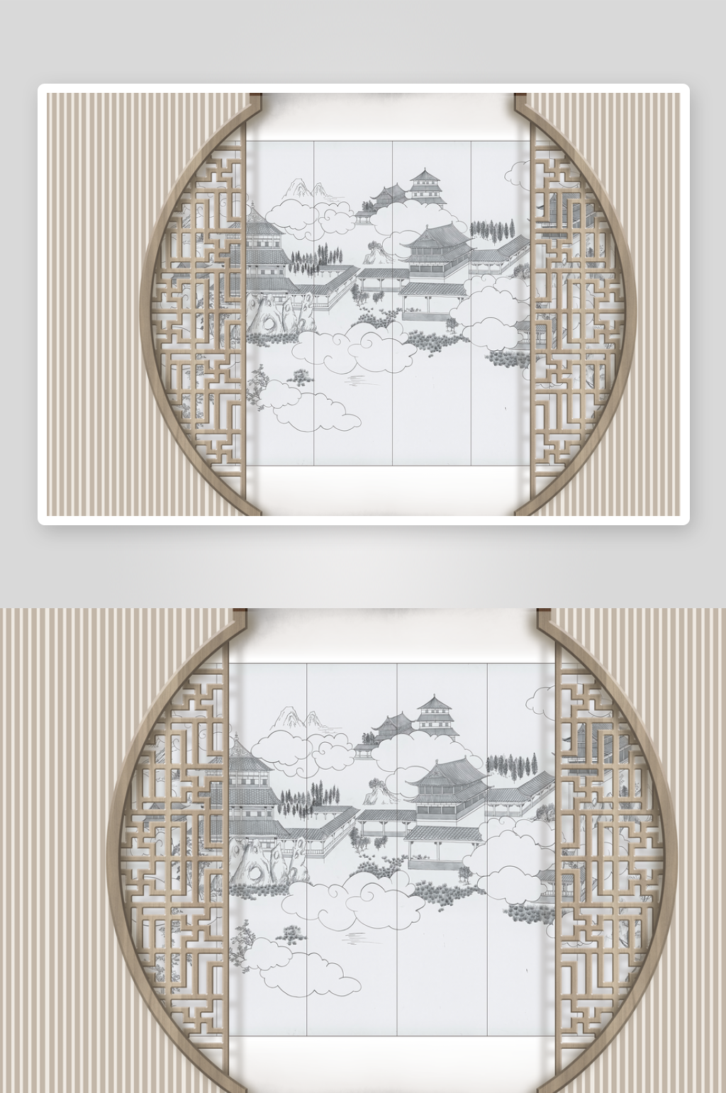新中式线描建筑屏风装饰背景墙素材