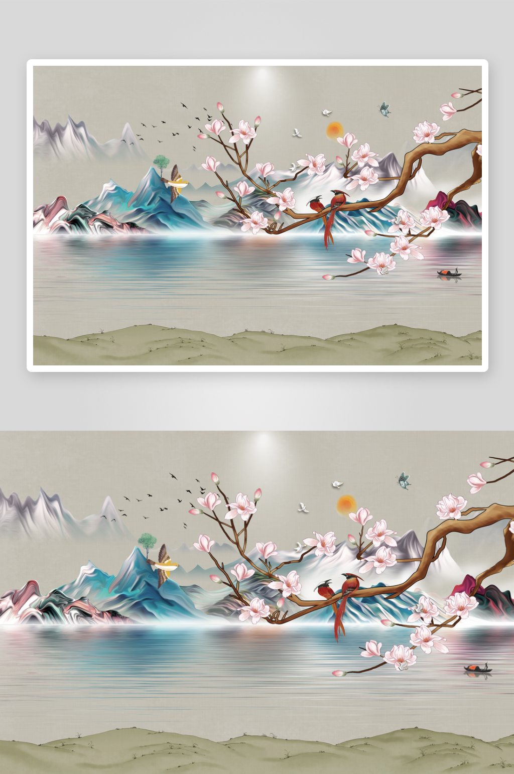 新中式山水花鸟背景墙素材
