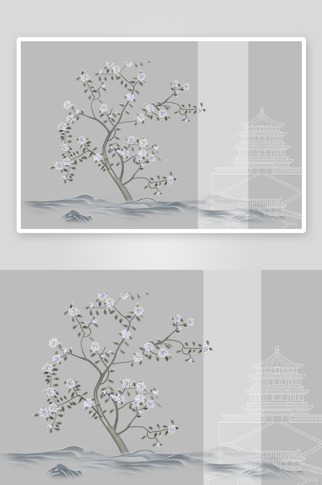 花鸟水墨风格山水轮廓图素材