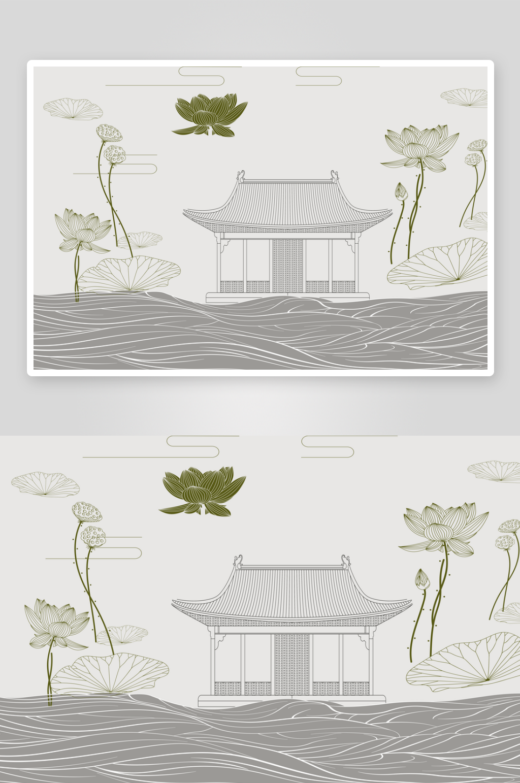 新中式线描荷花阁楼素材