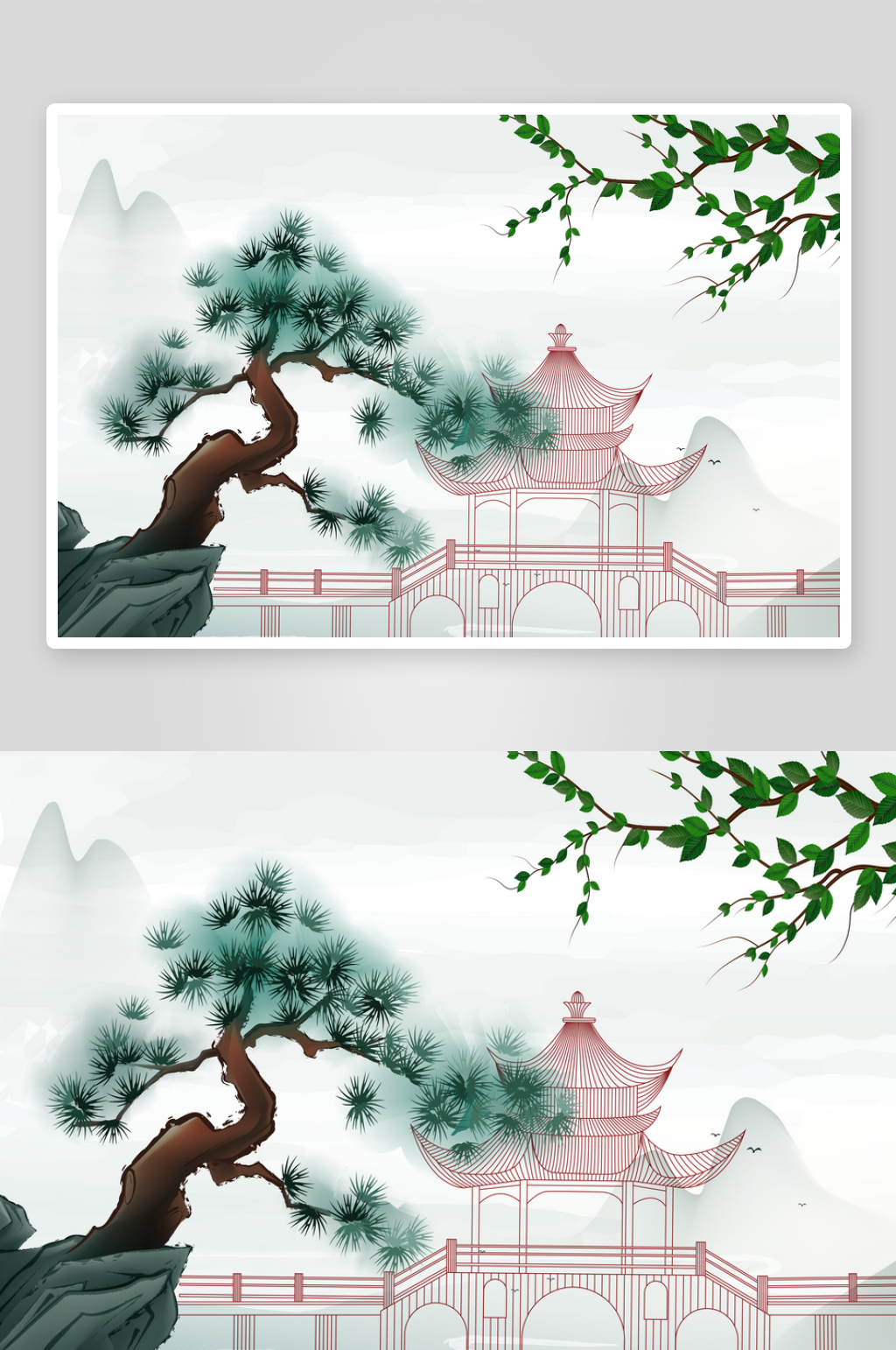 新中式阁楼绿植山水背景墙素材