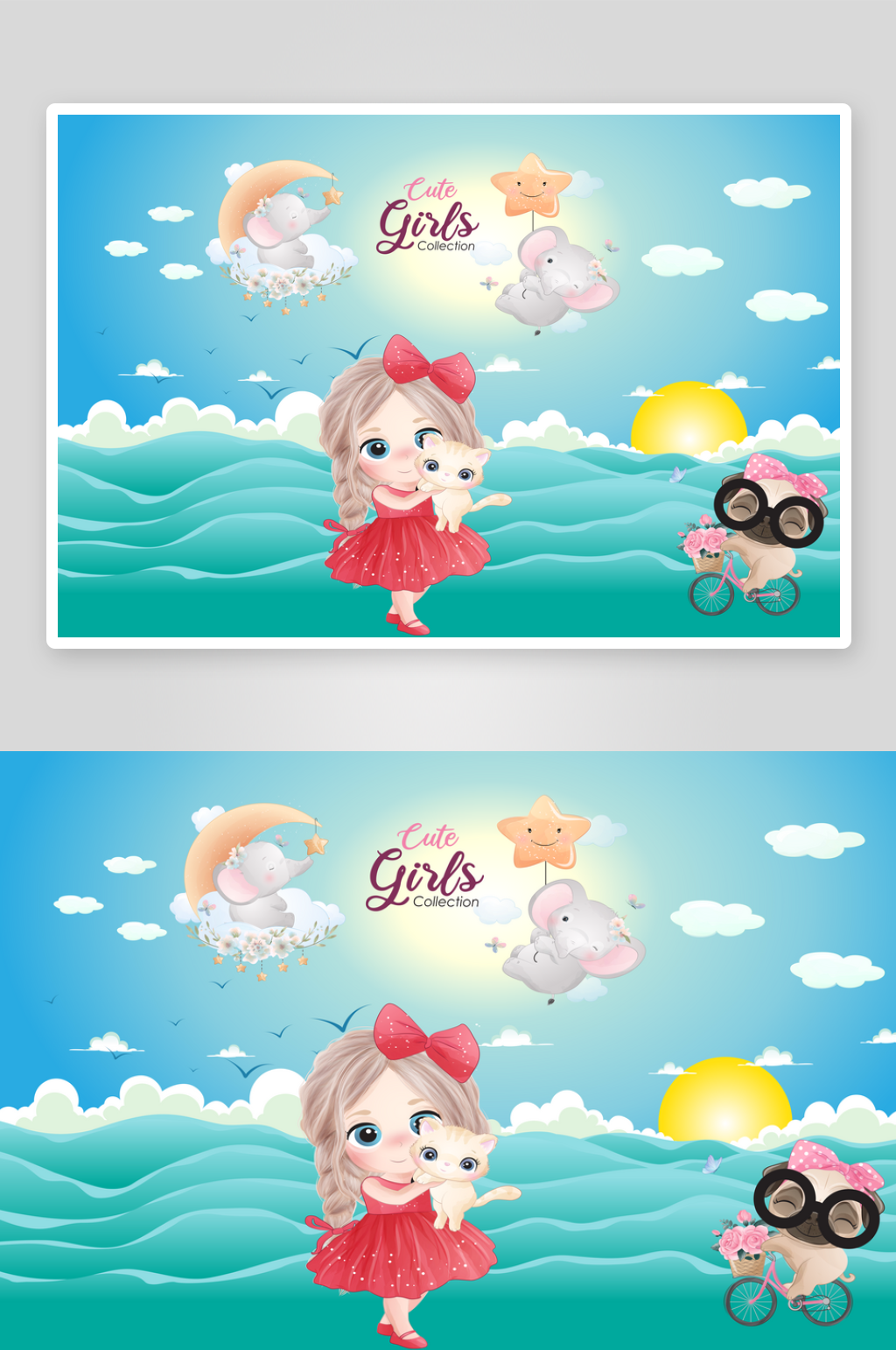 卡通小女孩动物海边风景背景素材