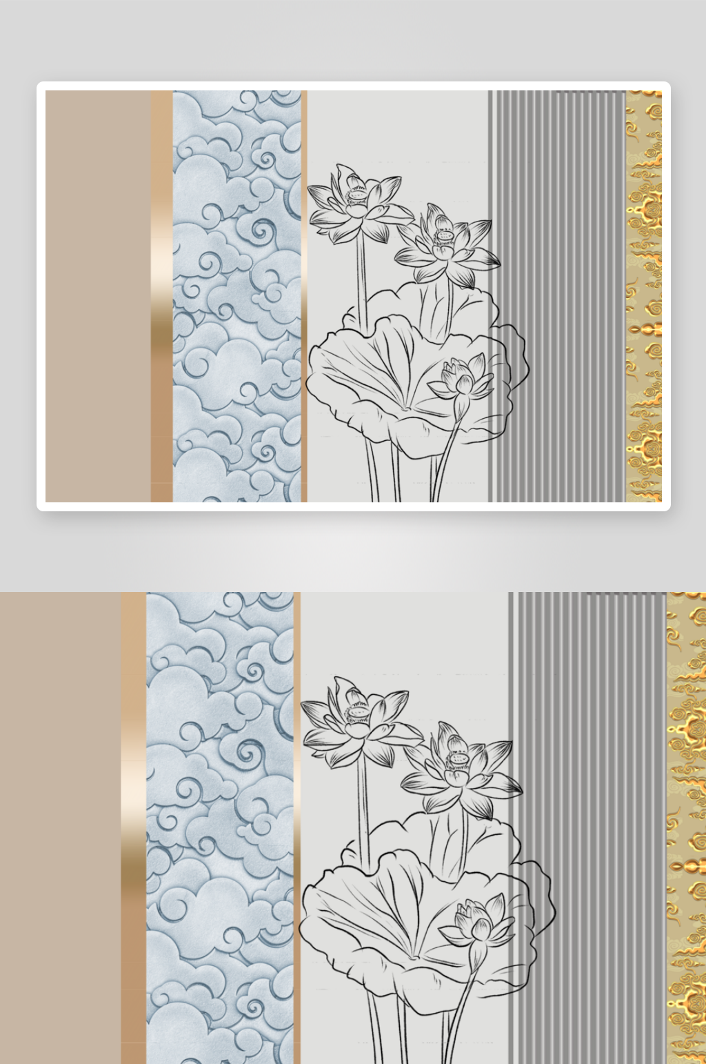 新中式线描荷花背景墙素材