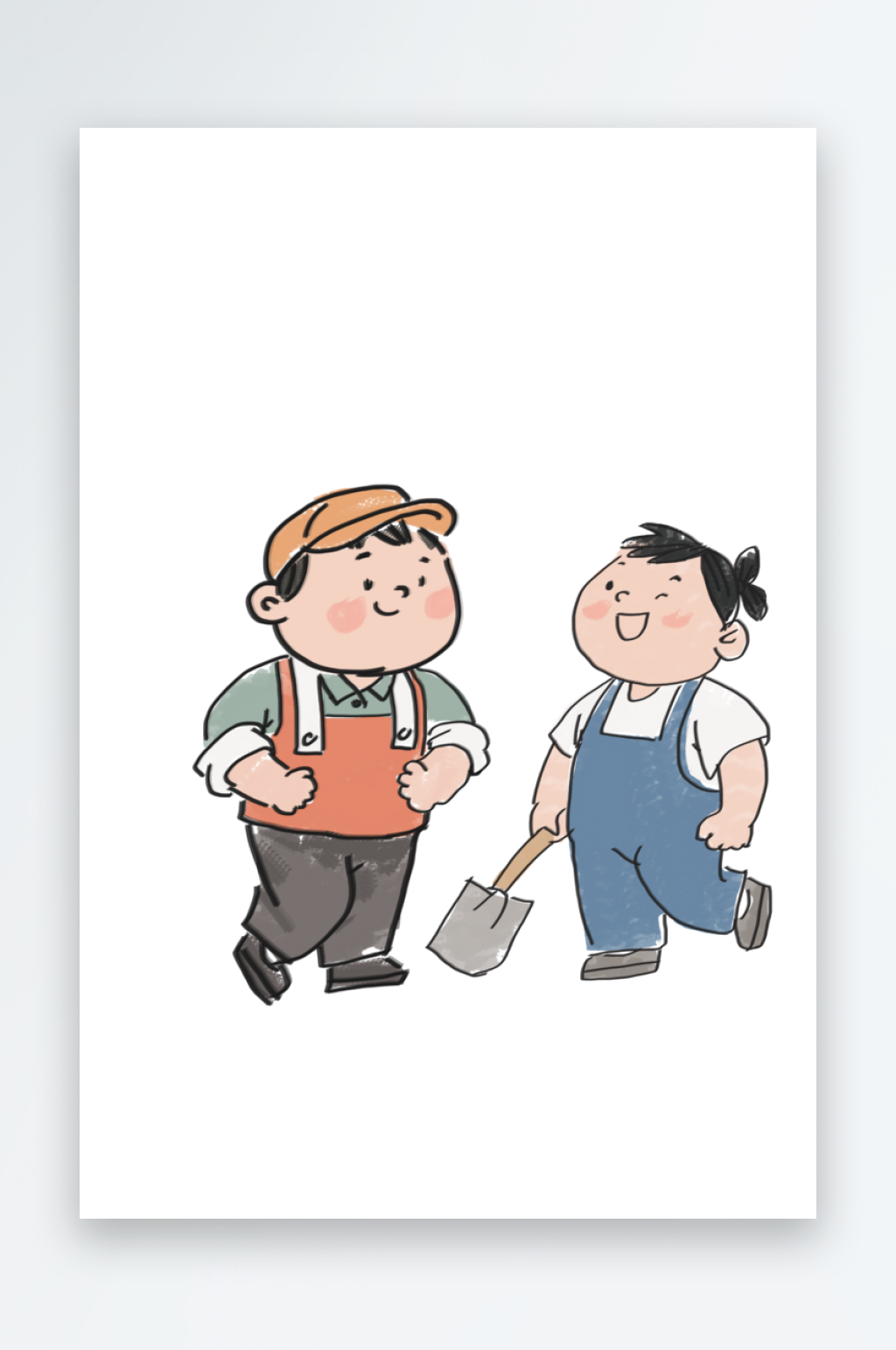 劳动节男女可爱水墨风插画素材