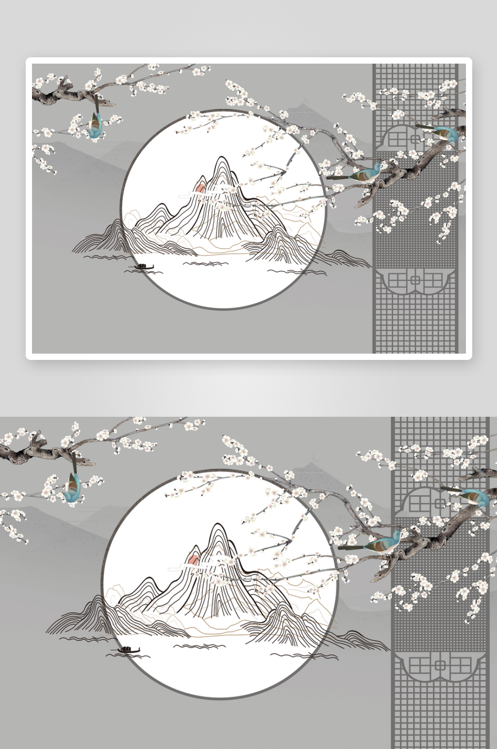 新中式山水花鸟背景素材