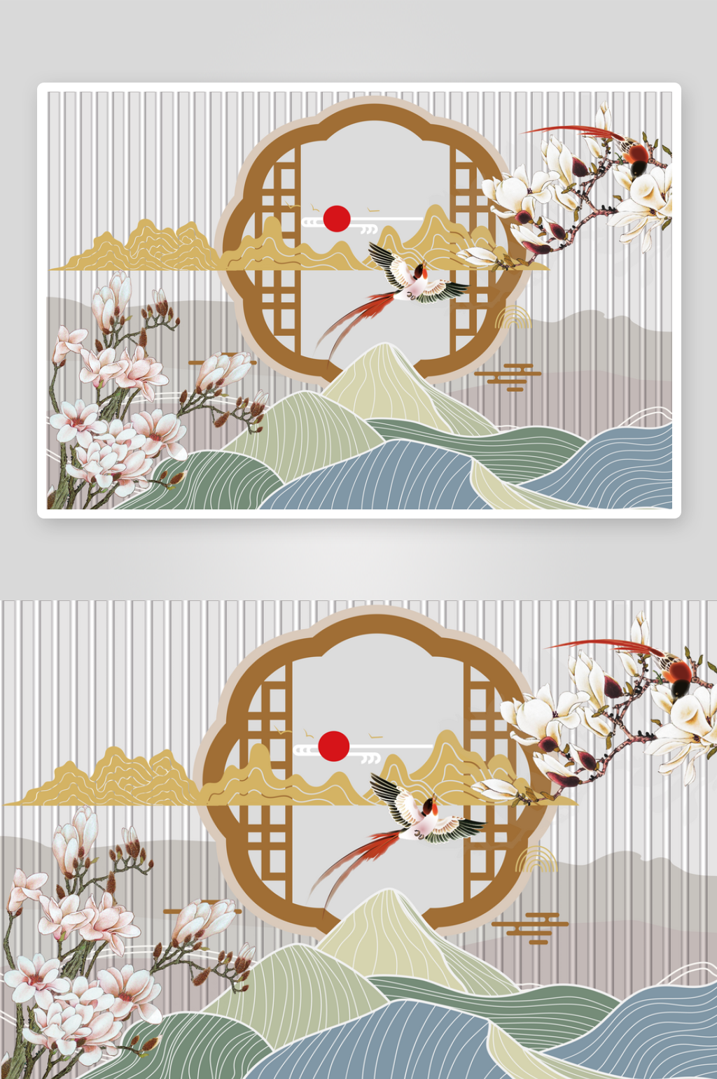 新中式山水花鸟背景墙素材