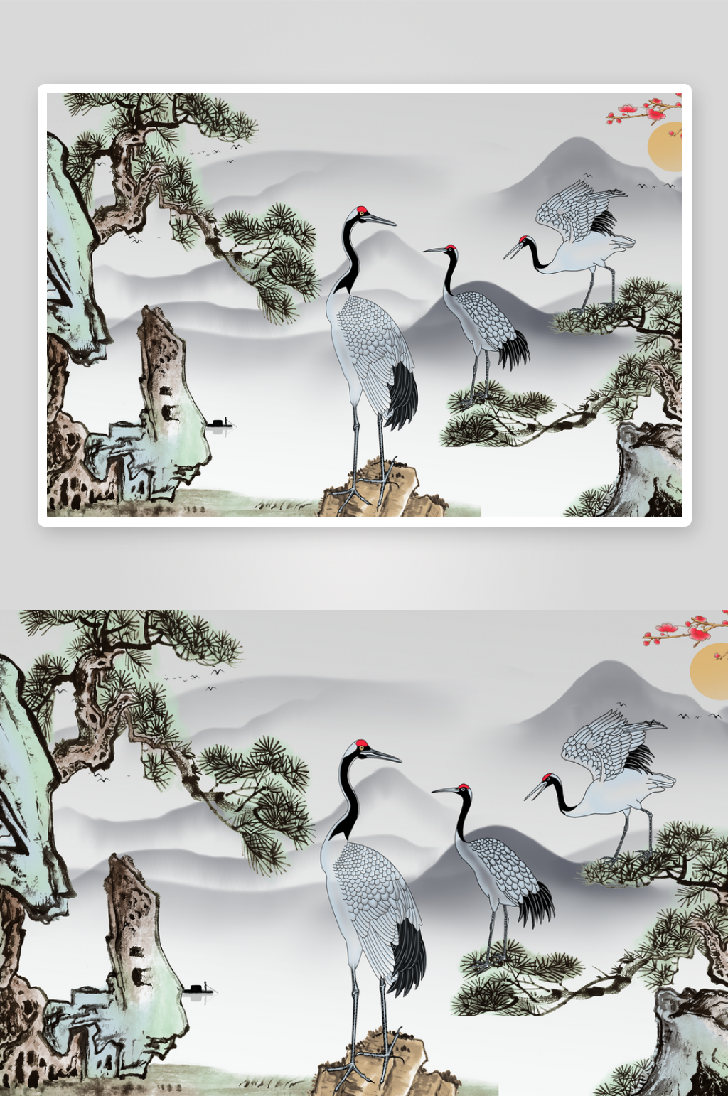 新中式山水松树仙鹤装饰图片素材