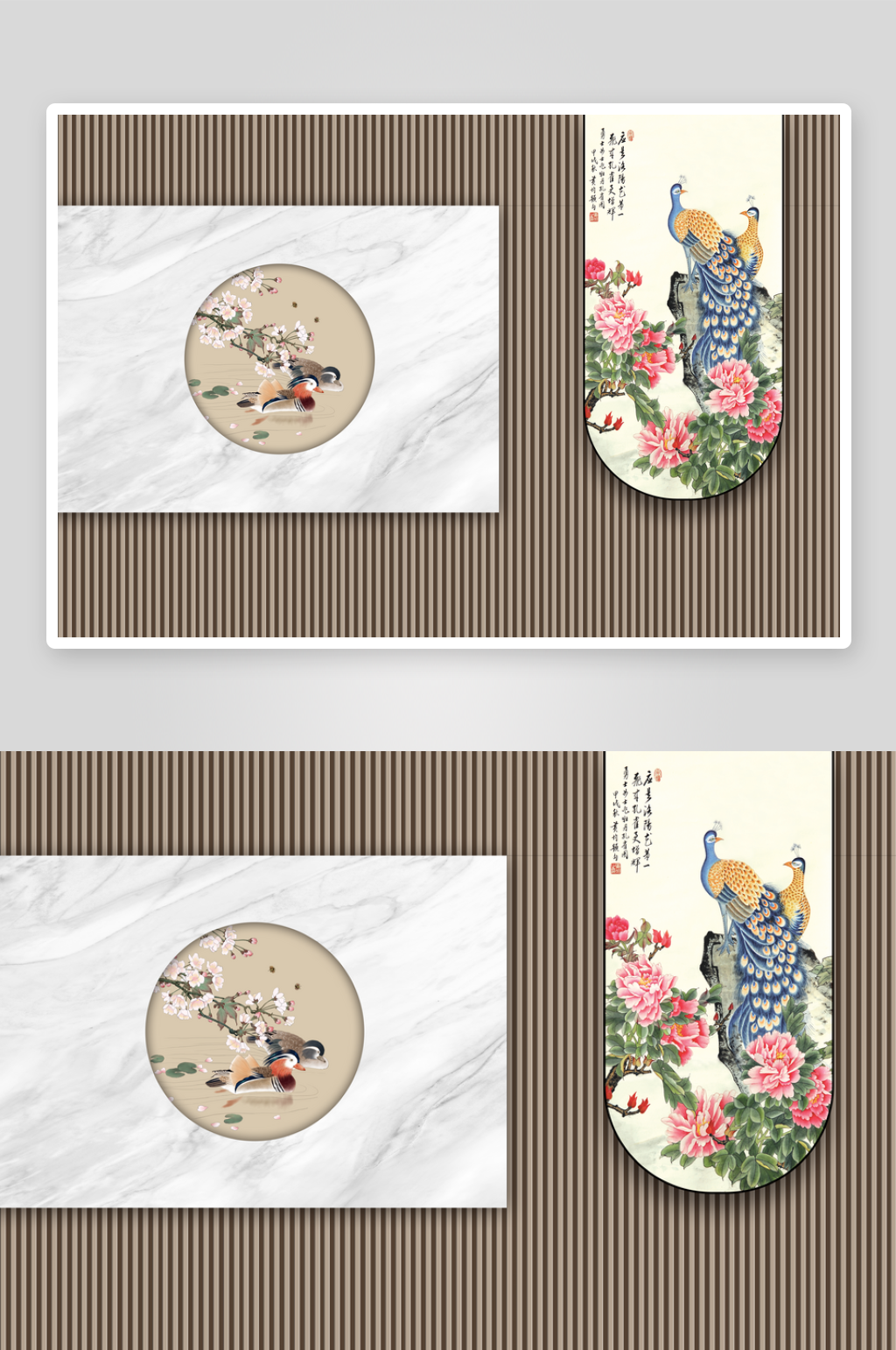 新中式格栅花鸟背景墙素材