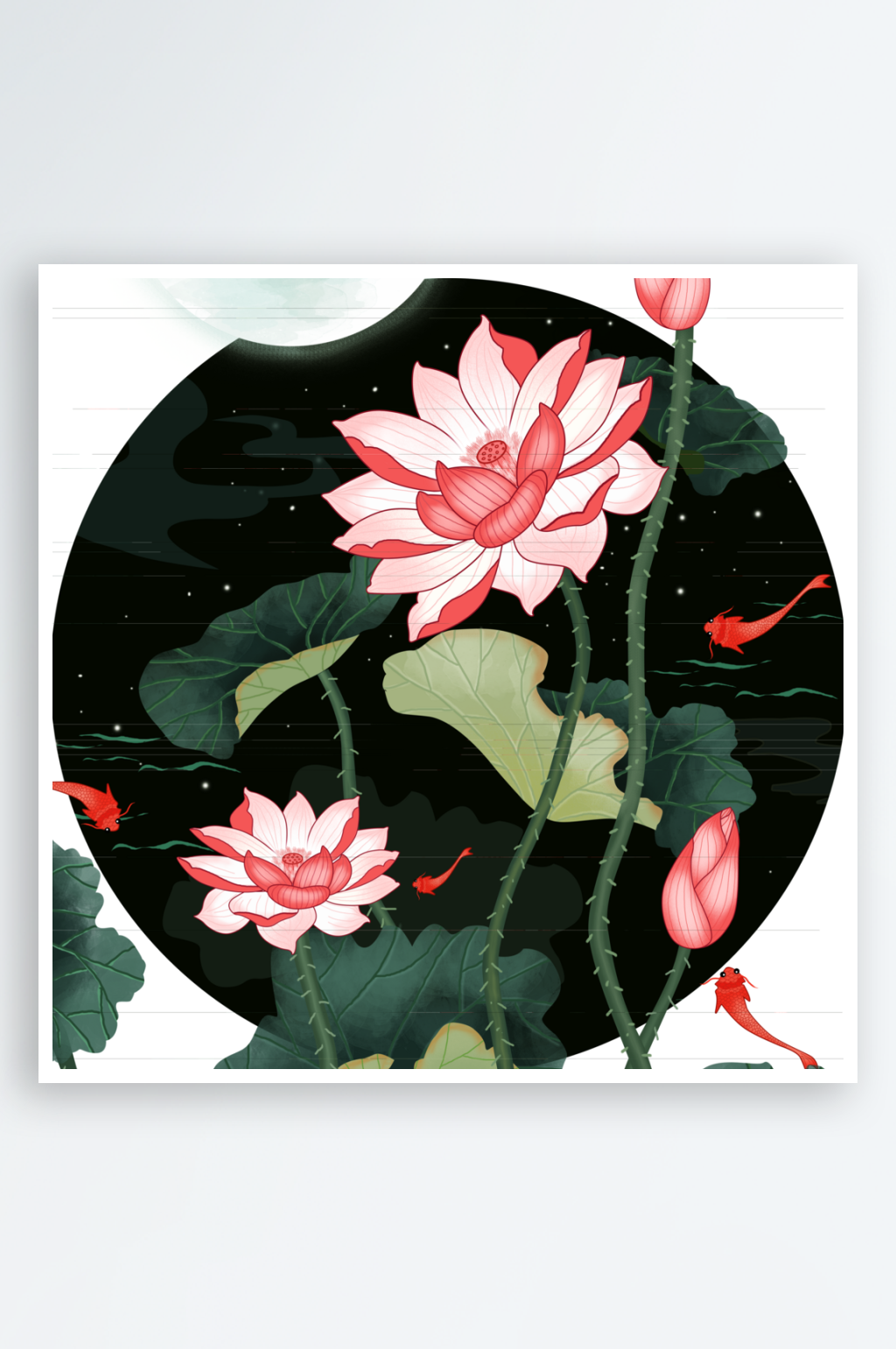 古风水彩花卉风景画圆形装饰画挂画素材