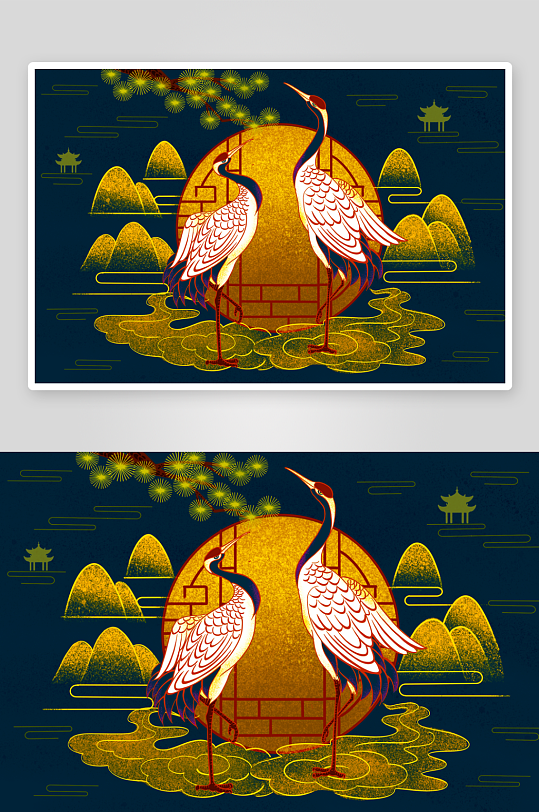 国潮风景画插画素材
