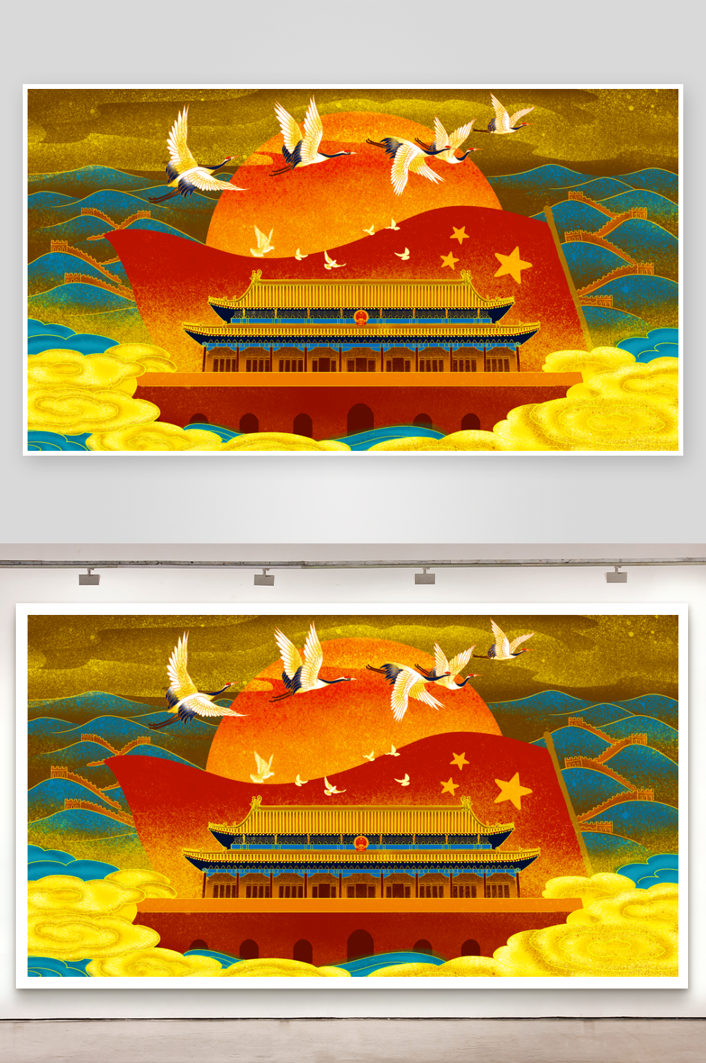 国潮风景画插画素材素材