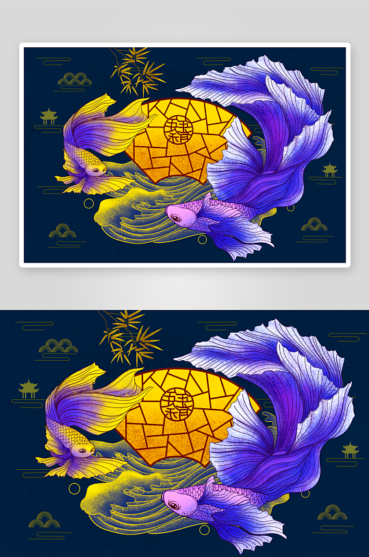 国潮风景画插画素材