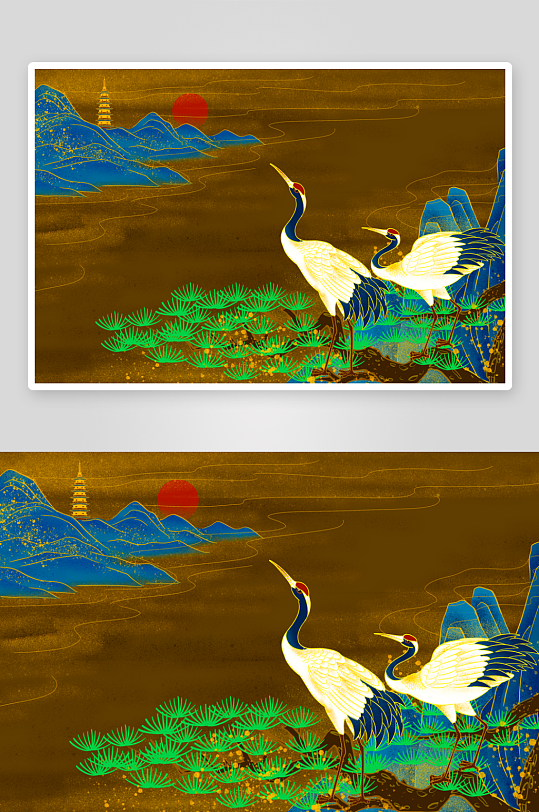 国潮风景画插画素材