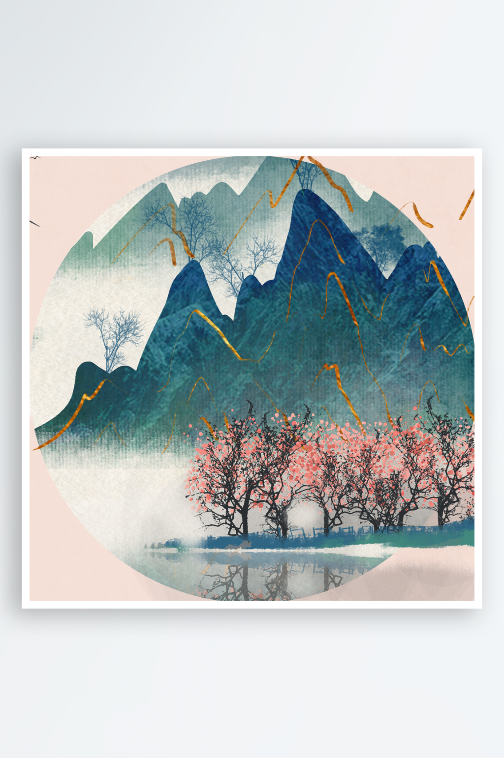 水墨山水风景画圆形装饰画素材