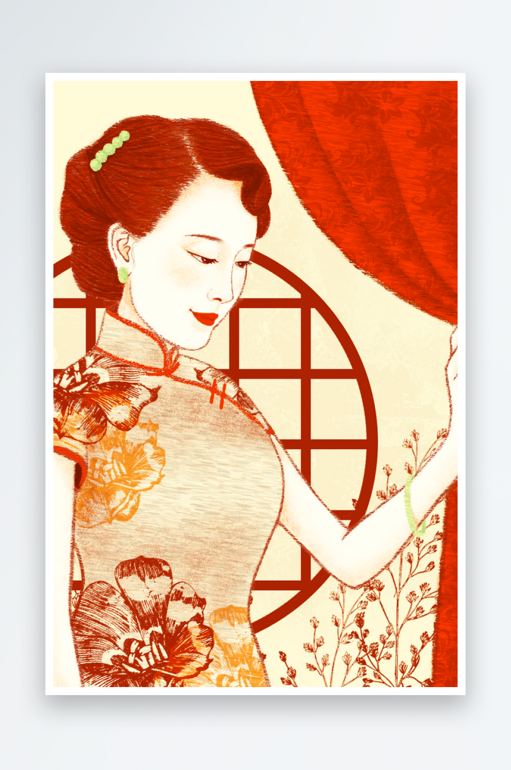 民国风旗袍美女插画素材
