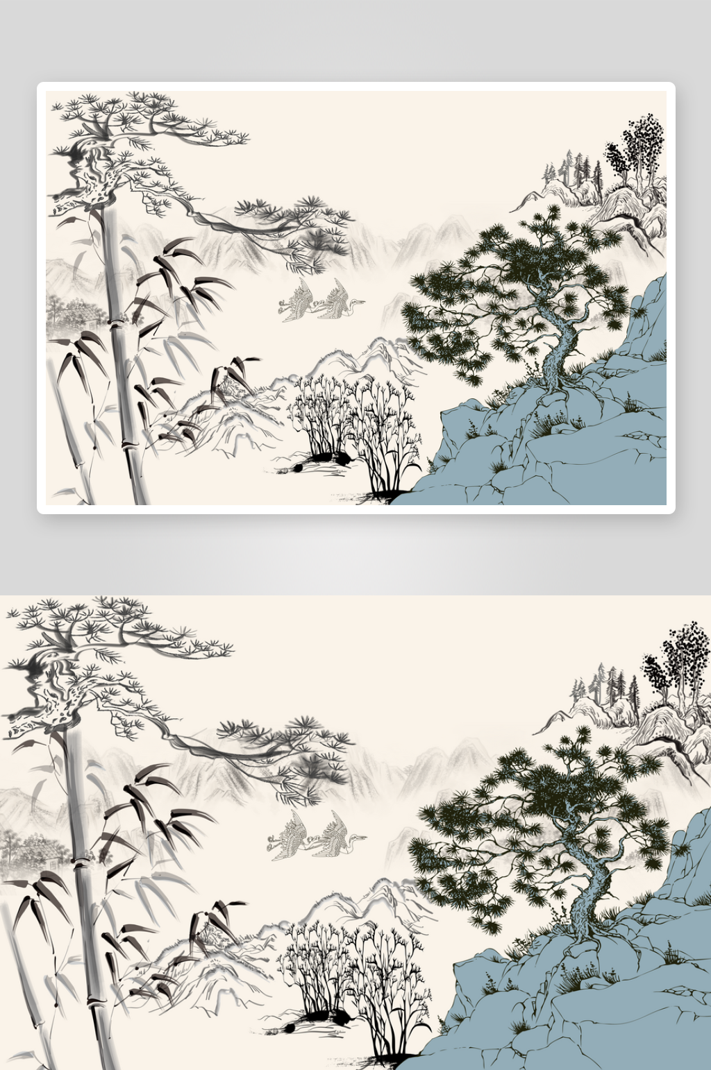 新中式山水竹子松树素材